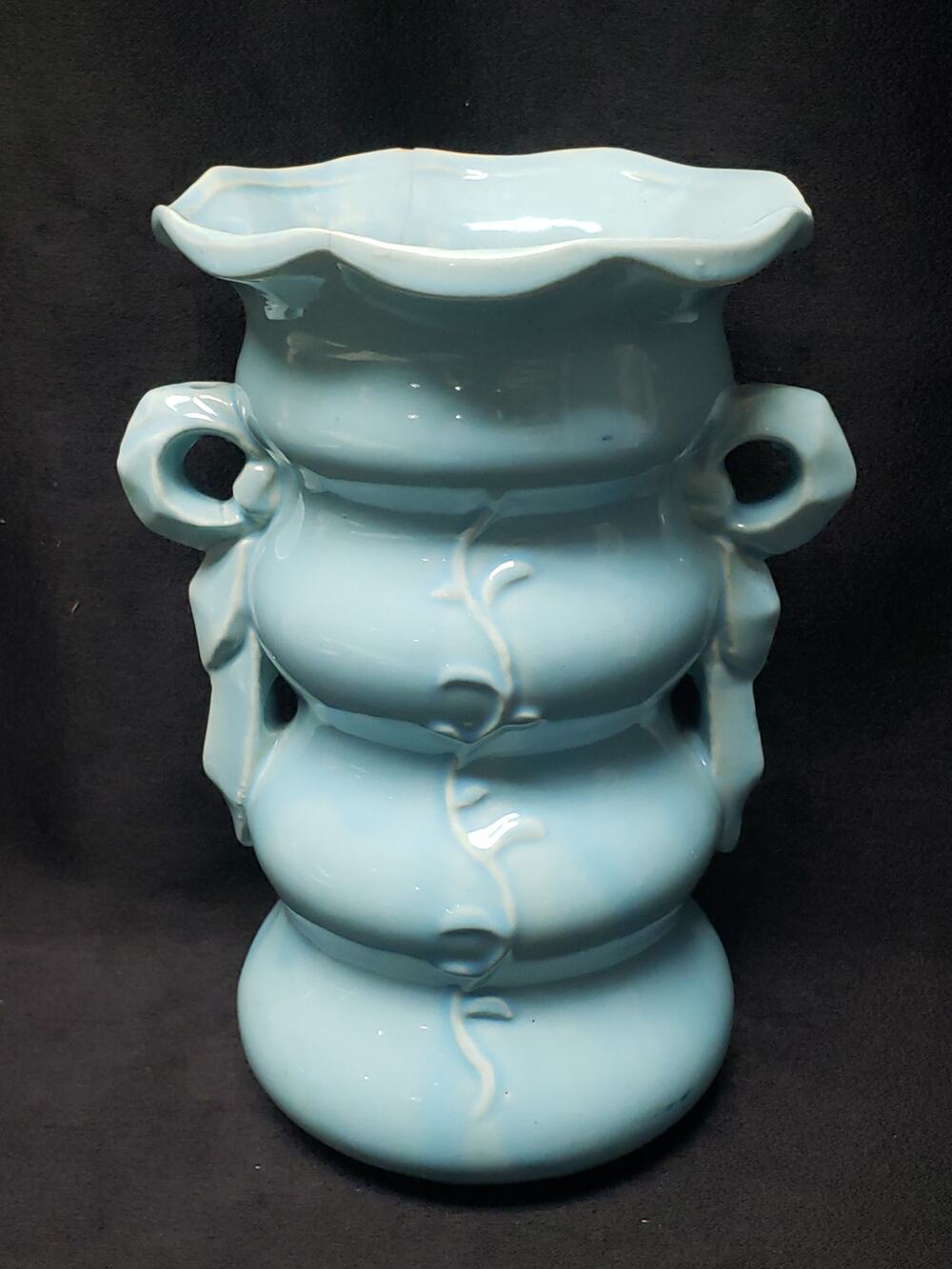 Vintage McCoy Pottery Two Handle Ribbon Vase Sky Blue Glaze Ivy Design Flowers